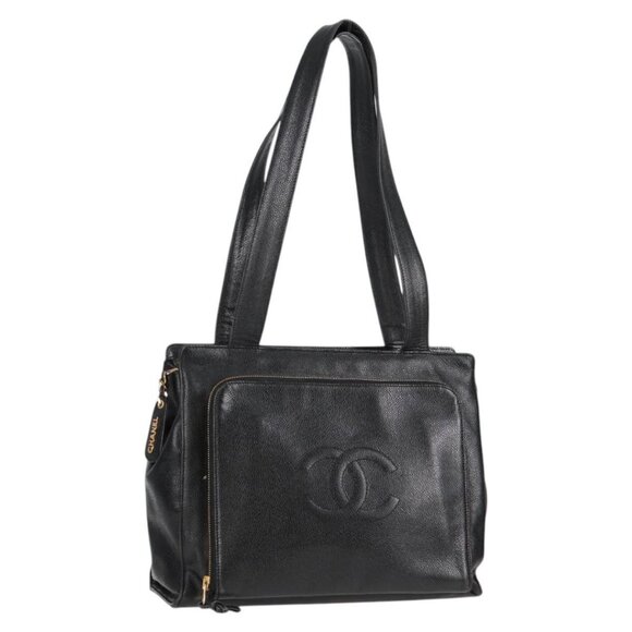 CHANEL COCO Mark Shoulder Bag Grained Calf Skin Black Gold CC Auth yk18015 - Picture 1 of 16